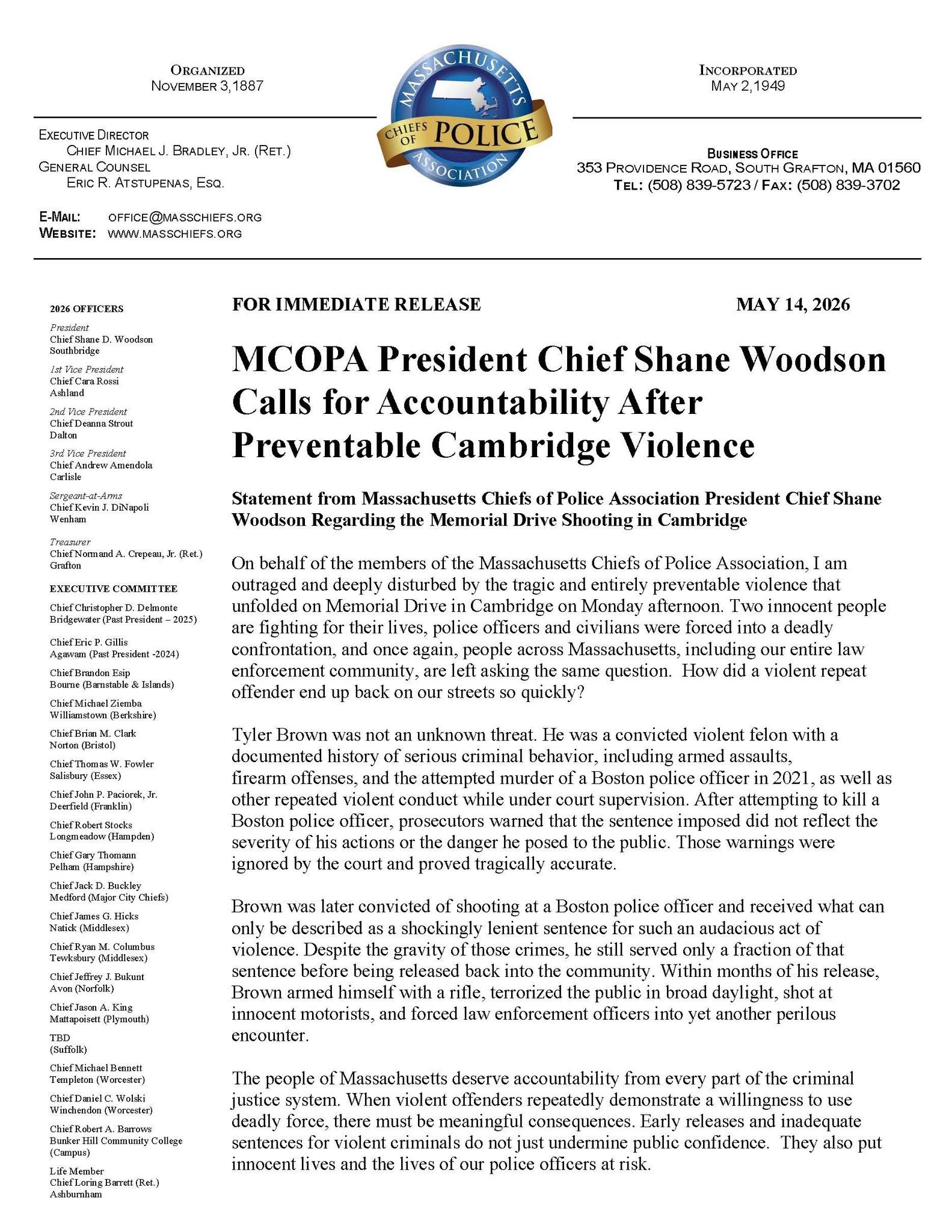 MCOPA President Chief Shane Woodson Calls for Accountability After Preventable Cambridge Violence 